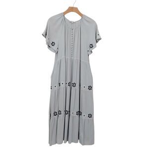 Madewell Tiered Midi Dress Womens Medium Gray Flutter Sleeve Embroidered Boho